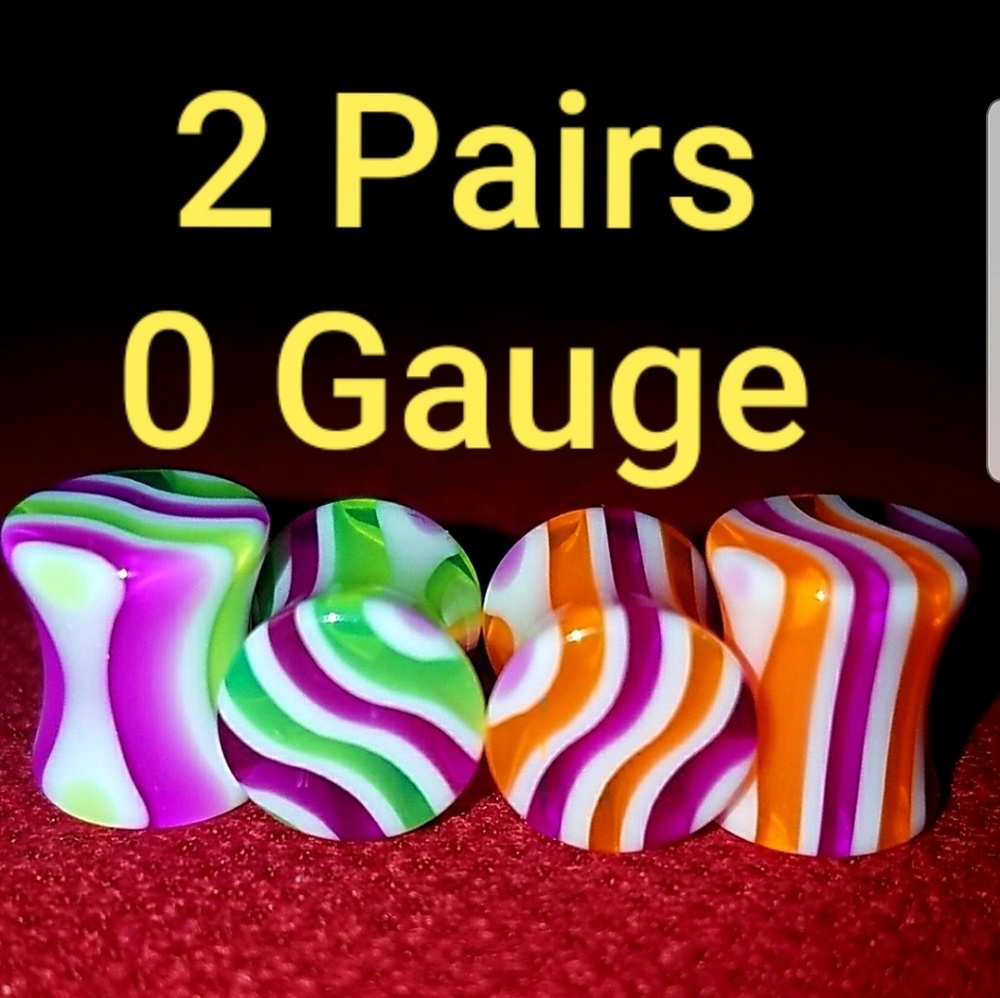 2 Pairs 0g Plugs Earring Orange Purple Green Wave